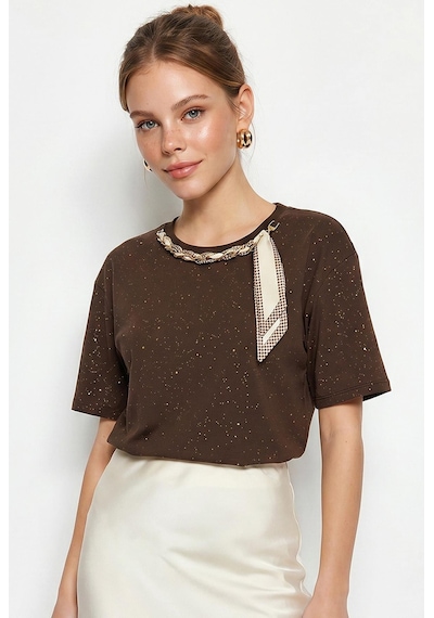 Kadın Yaldız Baskılı Zincir Ve Fular Detaylı Oversize T-shirt 2214 60286293 - Acı Kahve Acı Kahverengi