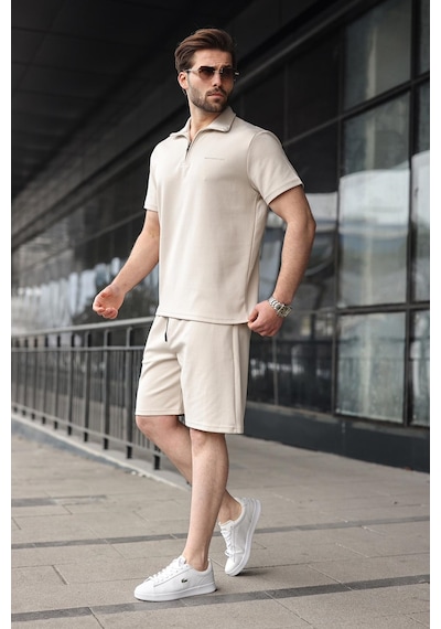 Madmext Bej Yarım Fermuarlı Polo Yaka T-shirt Şort Takım E7348 Bej