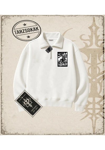 Tarzsokak Gotik & Grunge Streetwear Freepalestıne Yarım Fermuarlı Sweatshirt Beyaz
