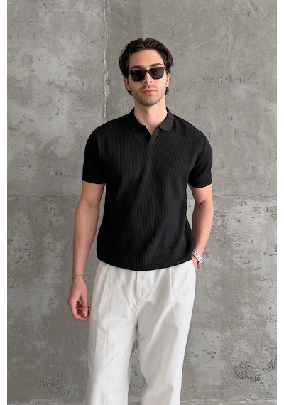 Erkek Petek Desen Polo Yaka Triko T-shirt Siyah