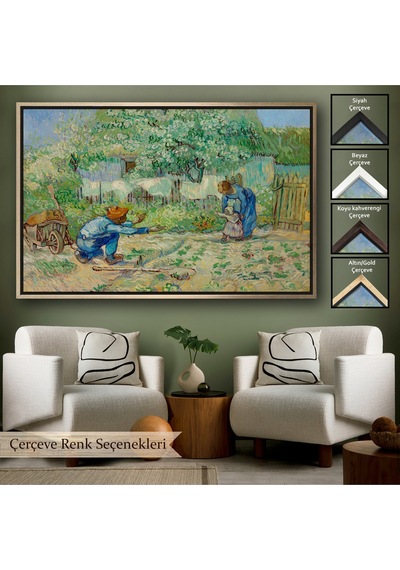 Ahşap Çerçeveli Vincent Van Gogh - Millet'den Sonra İlk Adımlar Tablo - First Steps-7164