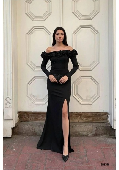 Euro Class Kadın Esnek Krep Kumaş Straplez Abiye Elbise Siyah
