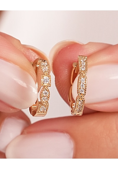 Debora Jewelry 14 Ayar Altın Zirkon Taşlı Delikli Halka Küpe