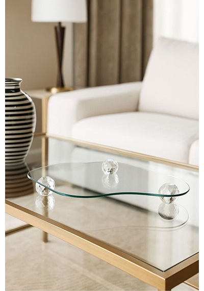 Zentra Home Dekoratif Cam Tepsi Kristal - Elmas Bulut Modeli Top Ayaklı Cam Sunumluk / Organizer Gümüş