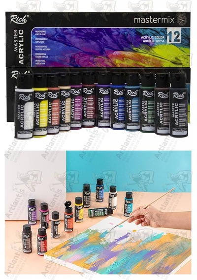 Rich Mastermix Akrilik Boya 12 Renk 60 Ml 1 Paket Canlı Renkler Akrilik Boya 12 Li Profesyonel Tuval Canvas Boyası Çok Renkli