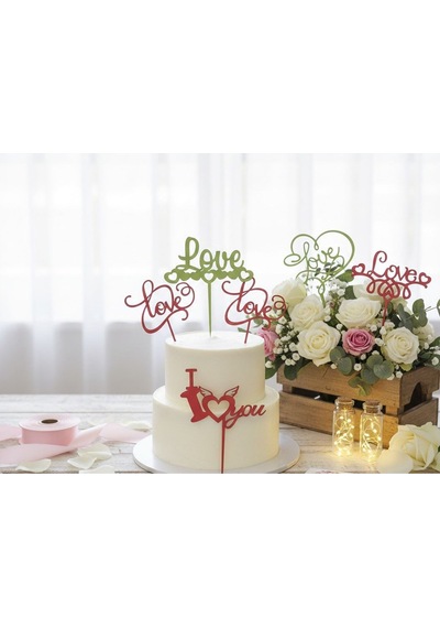 Lazer Kesim Ahşap Kalp Ve Love Temalı Pasta Ve Çiçek Süsü - 10 Adet, 11 Cm & 13 Cm