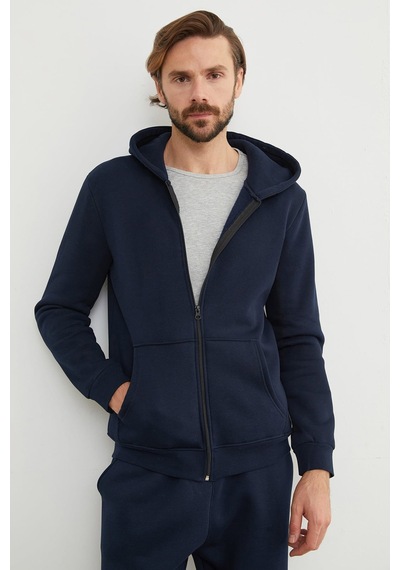 Fullamoda 3 İplik Fermuarlı Kanguru Cepli Sweatshirt Lacivert