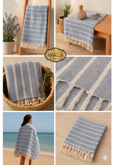 %100 Pamuk Dokuma Peştemal Havlu Plaj & Banyo Havlusu 100x170 Cm Açık Mavi