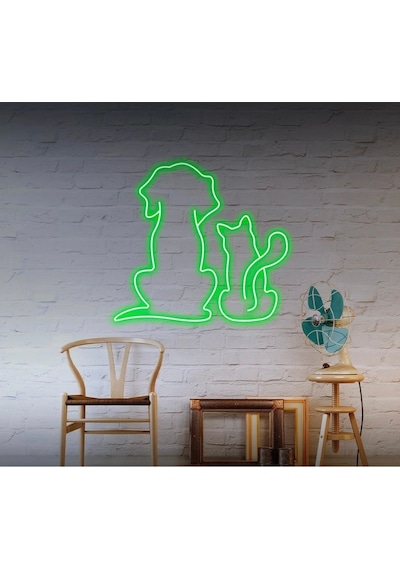 Kedi Ve Köpek Figürlü Neon Tabela Yeşil