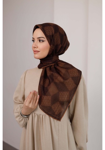 Mimiyum Mosaic Desen Soft Eşarp Kahve Kiremit Çok Renkli