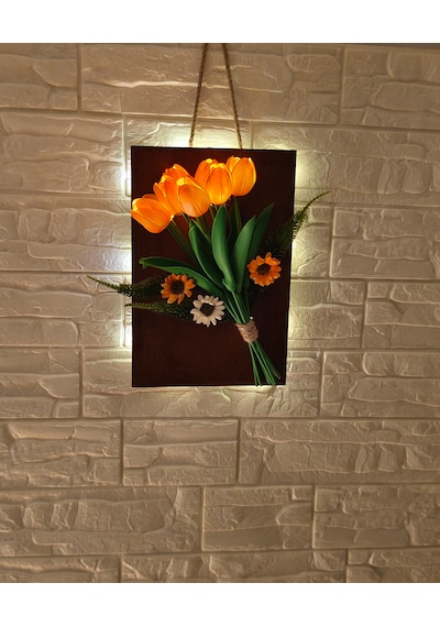 Led Işıklı Yapay Islak Lale Turuncu Renkli Ve Aranjman Çiçek- Duvar Süsü - Gece Lambası - Dekor Turuncu