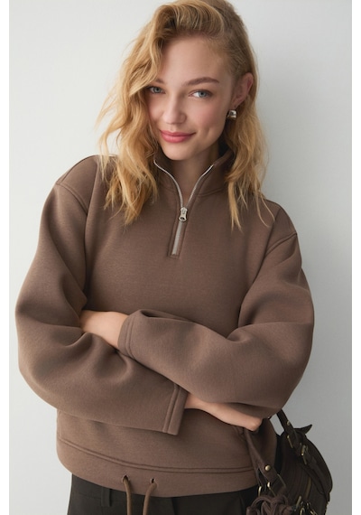 ETHIQUET Ethıquet Bellagıo Kadın Organik Pamuklı Kanguru Cepli Yakası Fermuarlı Kahverengi Sweatshirt