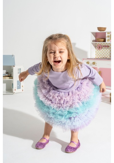 Linola Baby Kids Rainbow Tütü Etekli Uzun Kollu Çocuk Elbisesi Lila