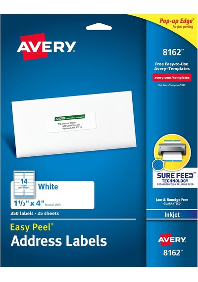 Posta Adresi Etiketleri, Mürekkep Püskürtmeli Yazıcılar, 350 Etiket, 1-1/3 X 4, Kalıcı Yapıştırıcı, 5 Paket 8162