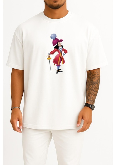 Bahriyeli Collection Oversize Captain Hook Digital İllustration, Captain Hook Peter Pan Göğüs Tasarımlı Unisex T-shirt Beyaz