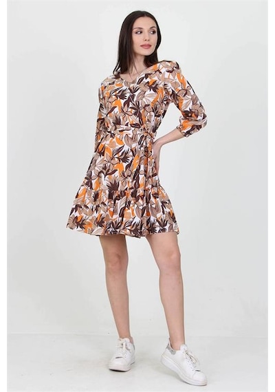 Neşeli Butik Kadın Camel V Yaka Bağlama Detaylı Çiçekli Mini Elbise Nb10029 Camel