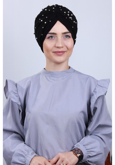 Melodi Scarf Kadın Tesettür İncili Taşlı Vera Dış Bone Siyah Siyah