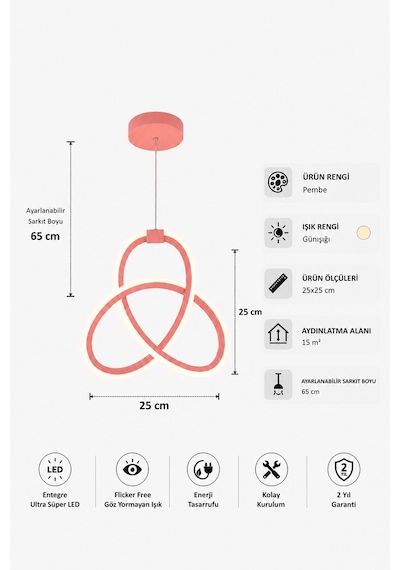 AvizeGO Azora Led Sarkıt Avize Çocuk Odası Günışığı Pembe