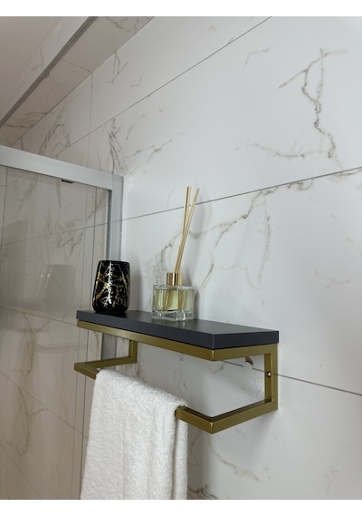 lyla concept Fulya Banyo Ahşap Raflı Gold Metal Havlu Şal Askılık Antrasit Raf Gold