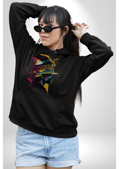 Canlı Afrobeat Füzyon Renkli Siluet Kadın Erkek Siyah Kapüşonlu Sweatshirt Hoodie Siyah