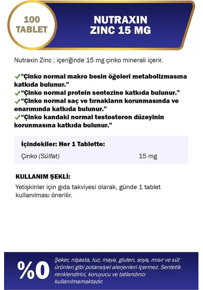Zinc 15 Mg 100 Tablet 2 Adet