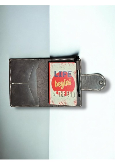 El Yapımı Deri Defter Kılıfı, Kahverengi, 9x14cm, El Dikişli Organizer, Çıtçıtlı Kapak, Hakiki Deri Genel