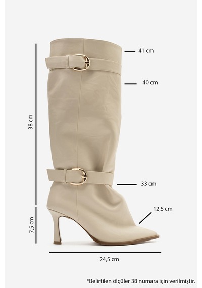 Luvi Shoes Marcella Ekru Kemerli Kadın İnce Topuklu Çizme