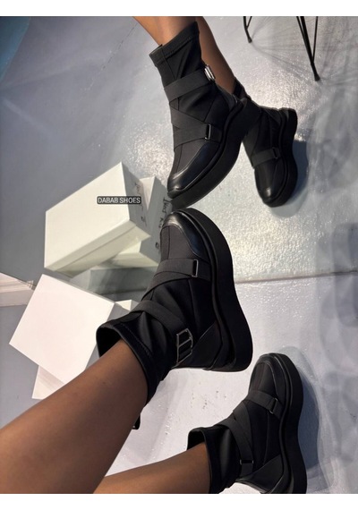 Dabab Shoes Adrinal Siyah Strej Kemer Detay Düz Taban Kadın Spor Bot