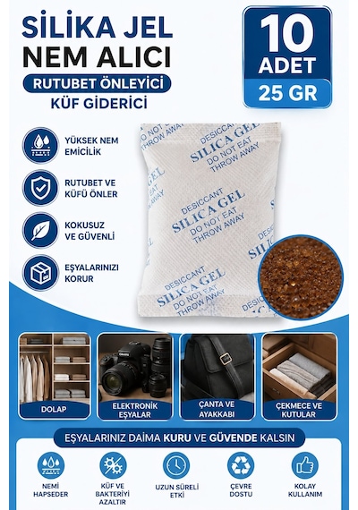 10 Adet 25 Gr Silikajel Nem Alıcı Silika Jel Rutubet Önleyici Küf Giderici Desiccant