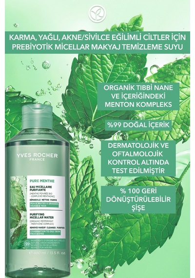 Yves Rocher Micellar Makyaj Temizleme Suyu-karma,yağlı, Eğilimli Cilt-pure Menthe Botanik Kompleks 400ml