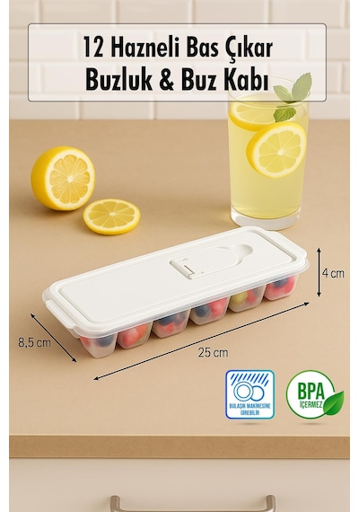 12 Hazneli Bas Çıkar Buzluk & Buz Kabı Mavi Mavi