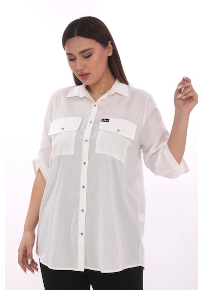 Lady Majestic %100 Cotton Büyük Beden Natural Gömlek - Beyaz