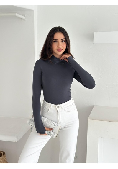 Kadın Yarım Balıkçı Yaka Parmak Geçmeli Full Likralı Buzz Body Antrasit