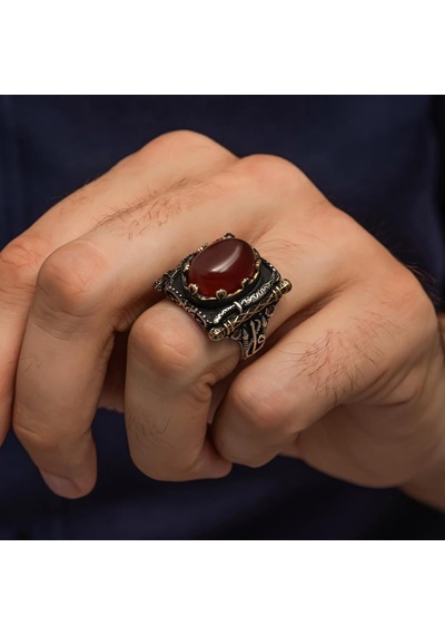 Oval Akik Taşlı Elifvav 925 Ayar Gümüş Yüzük Gümüş