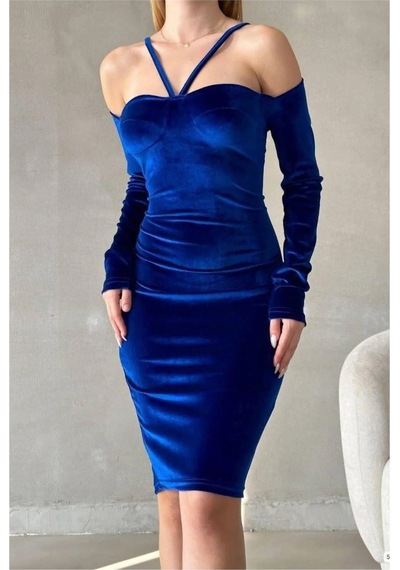 Kalp Yaka Elbise Balık Abiye Uzun Kesim Kollu Saks