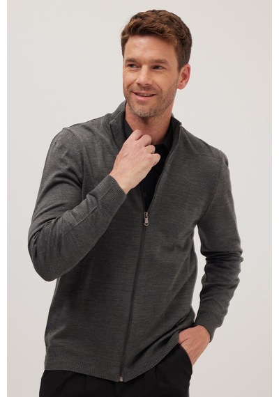 Tudors Erkek Slim Fit Dar Kesim Gri Dik Yaka Fermuarlı Düz Hırka-34916