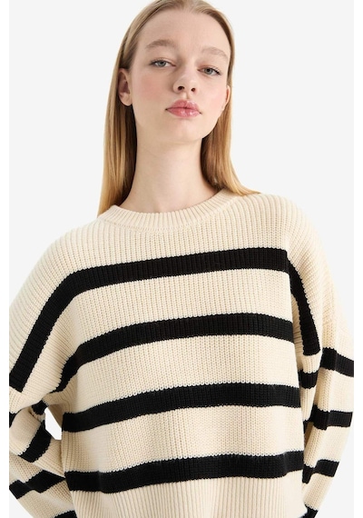 Defacto Coool Oversize Geniş Kalıp Bisiklet Yaka Çizgili Triko Kazak X4931az25wner105 Ekru
