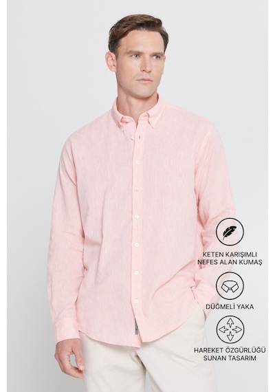 AC&Co / Altınyıldız Classics Erkek Yavruagzı Comfort Fit Rahat Kesim Düğmeli Yaka Casual Keten Gömlek Yavruağzı