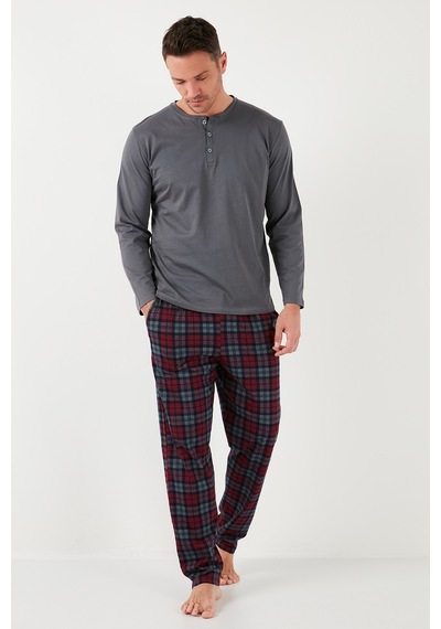 Buratti Ekoseli Pamuklu Beli Lastikli Regular Fit Uzun Kollu Erkek Pijama Takımı 6572003 Füme