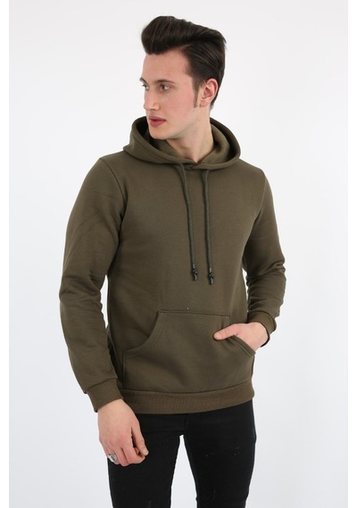 Modish Üç İplik Şardonlu Kapşonlu Düz Erkek Günlük Sweatshirt Haki
