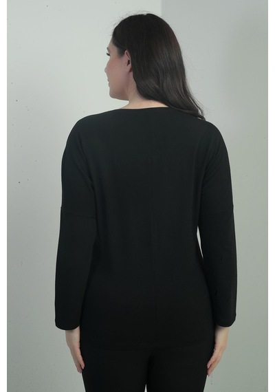 By Saygı Kadın Taşlı Kanat Model Likralı Çilek Büyük Beden Bluz-40371 Siyah