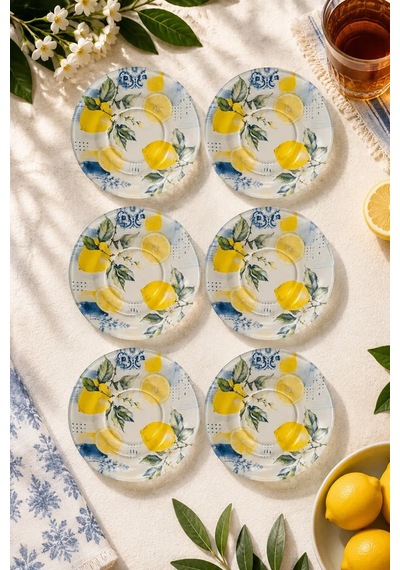 6 Lı Cam Çay Tabağı - Limon Desenli Mavi Akdeniz Esintili 12 Cm - 6 Adet Çay Tabak Sarı