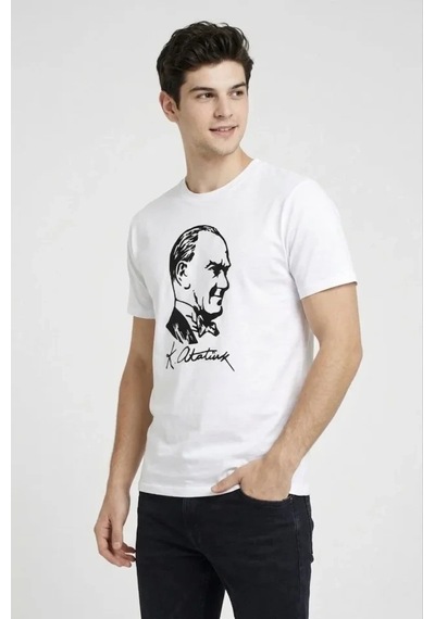 Valensdesign Erkek Atatürk Baskılı Tişört Kısa Kollu Bisiklet Yaka T-shirt - Beyaz
