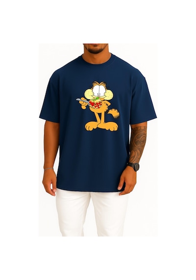 Bahriyeli Collection Oversize Garfield 'ın Bingo Alt Özelliği Lasagneg Göğüs Tasarımlı Unisex T-shirt Lacivert