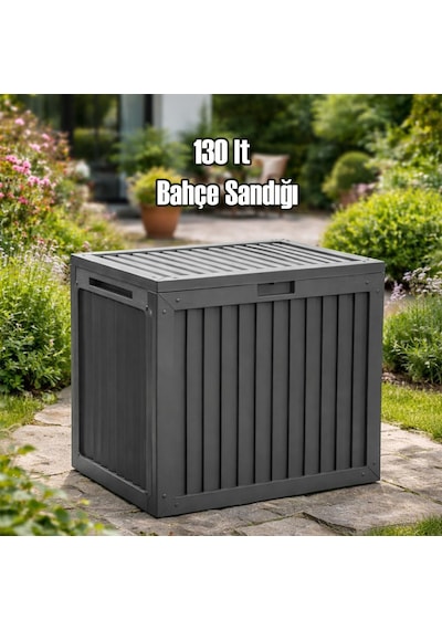 161001-012 130lt Kilitli Organizer Kapaklı Bahçe Balkon Kiler Sandığı Çok Amaçlı Depolama Sandığı Gri Diğer