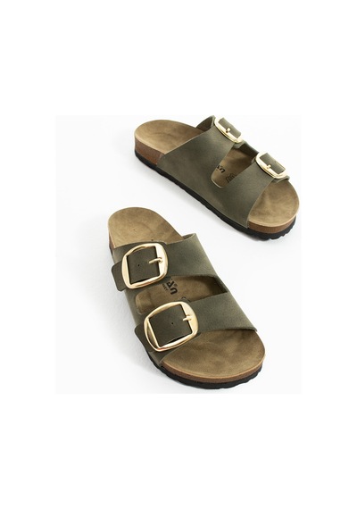 Polomia Comfort Lenora Anatomik Esnek Comfort Rahat Eva Taban Çift Bantlı Gold Toka Kadın Günlük Sandalet Terlik Haki