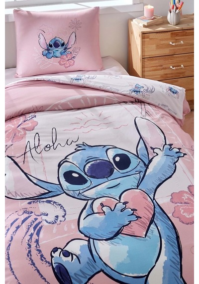 Lisanslı Fitted Çarşaflı Tek Kişilik Çocuk Nevresim Takımı-stitch Aloha Pembe
