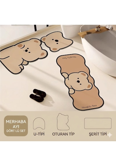 Sevimli Ayıcık Figürlü 3'lü Banyo Paspas Seti - Kaymaz Tabanlı Diatomit Peluş Banyo Halısı Açık Bej