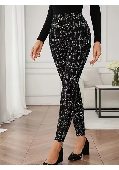 Bhrwear Kadın Yüksek Bel Önü Düğmeli Desenli Dalgıç Tayt Renkli