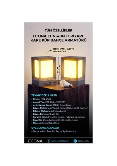 2 Adet Ecn-4060 Antrasit Dekoratif Kare Küp Set Üstü Abs Bahçe Aydınlatma Armatürü Set Üstü Dekoratif Aplik,baba Üstü,9w Led Ampul Dahil 3000k